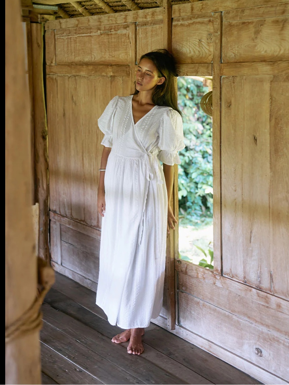 Daughters of India White Wrap Midi Dress with Tie Waist